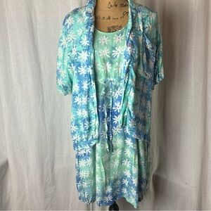 Vintage Blue Ginger Sheath Dress And Camp Shirt Set Blue White Batik Sz Small